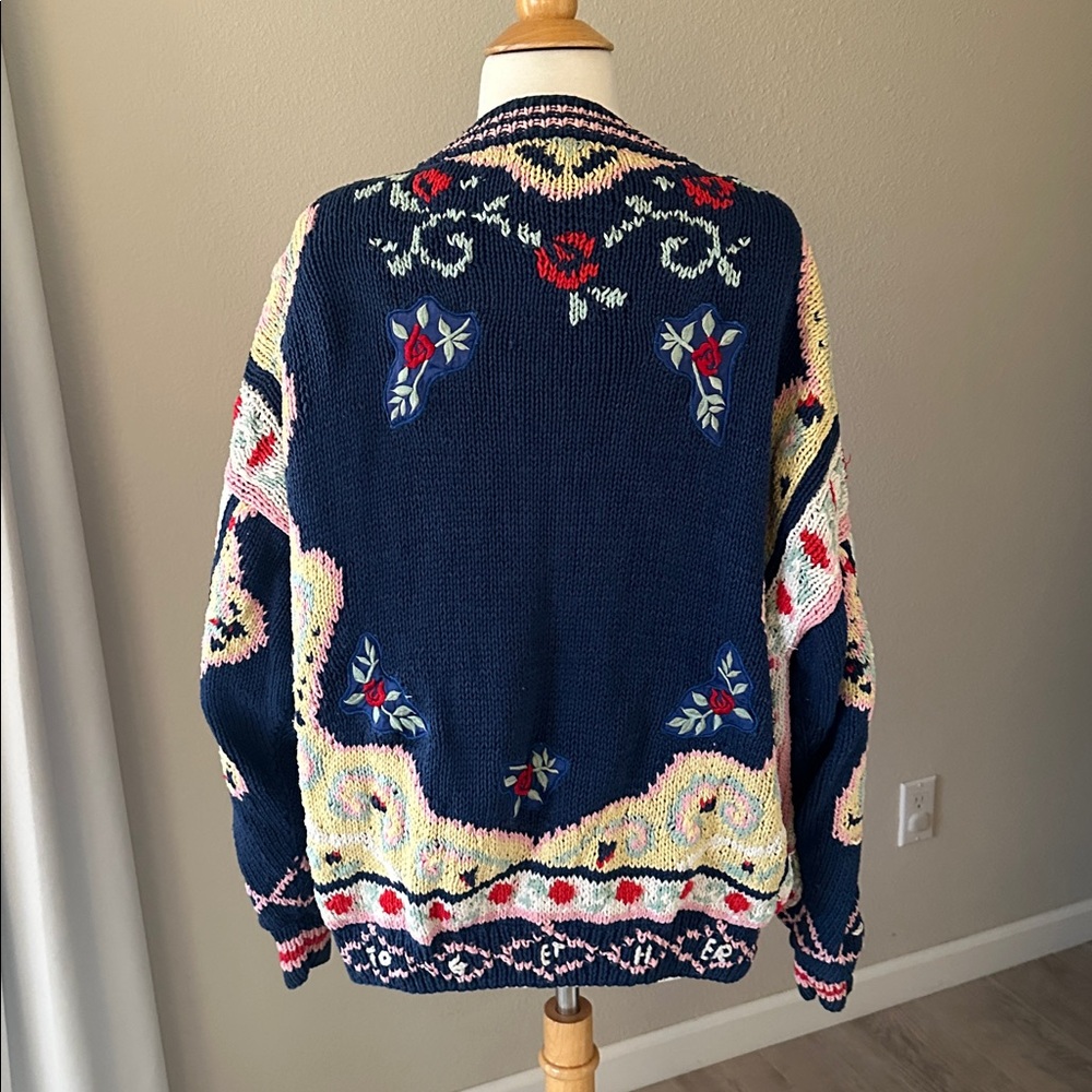 90s Together! Sweater Blue Yellow Knit Embroidered Button Up Cardigan - Picture 7 of 14